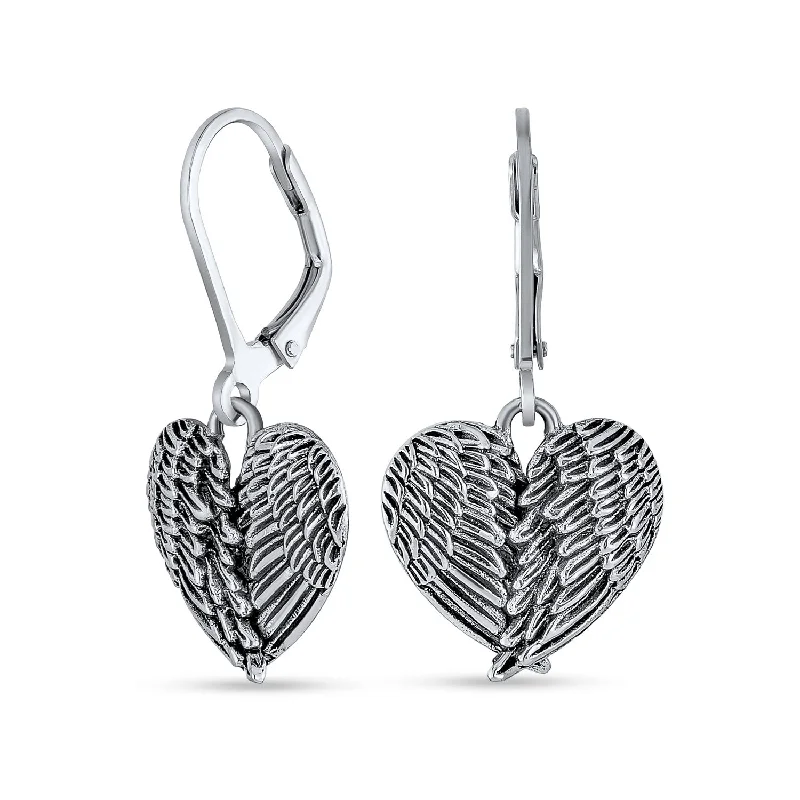 Spiritual Amulet Heart Guardian Angel Wings Feather Dangle Earrings Sterling Silver