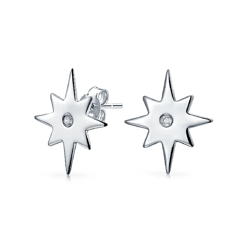 Trendy Petite CZ Stud Earrings with Celestial Polaris North Star Design in Sterling Silver