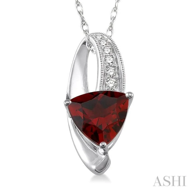 8x8mm Trillion Cut Garnet and 1/20 Ctw Single Cut Diamond Pendant in 10K White Gold with Chain