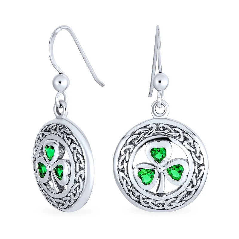 Irish Triquetra Celtic Knot Dangle Earrings with Green Emerald CZ in Sterling Silver