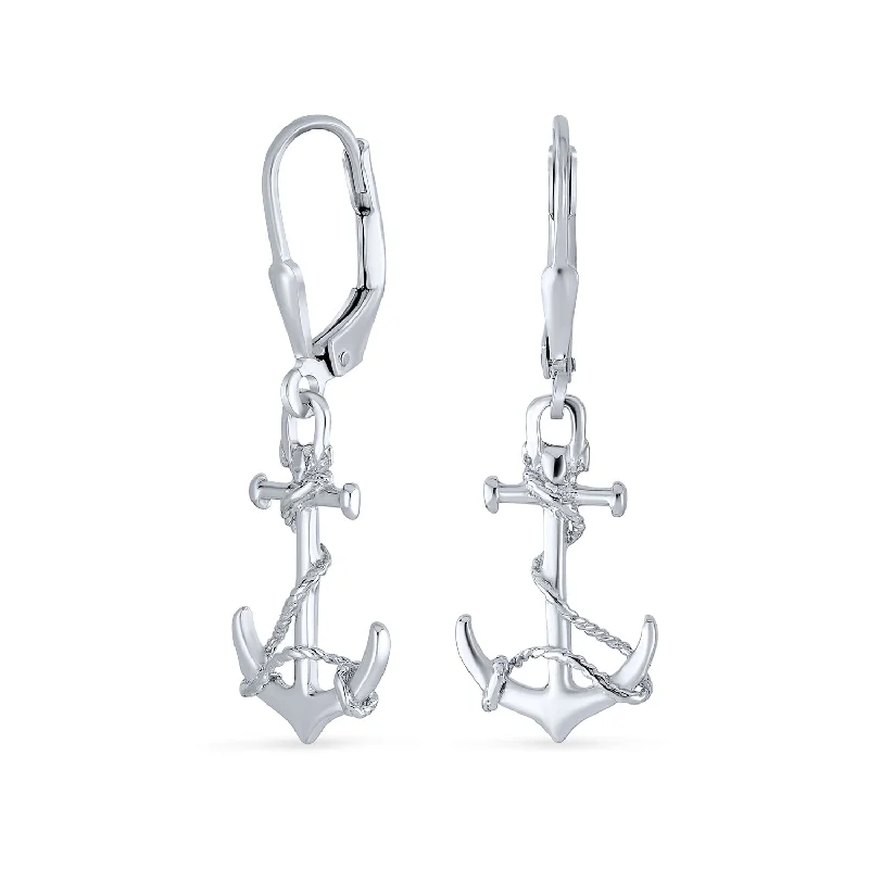 Tropical Beach Nautical Anchor Lever Back Dangle Earrings in Sterling Silver