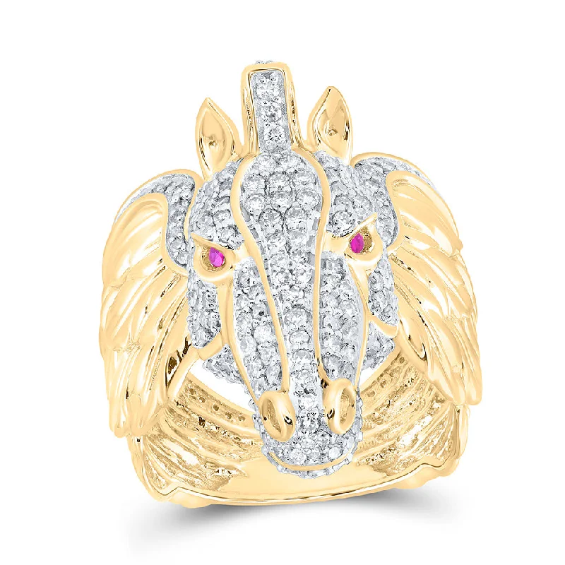 10kt Yellow Gold Mens Round Diamond Pegasus Animal Ring 2 Cttw