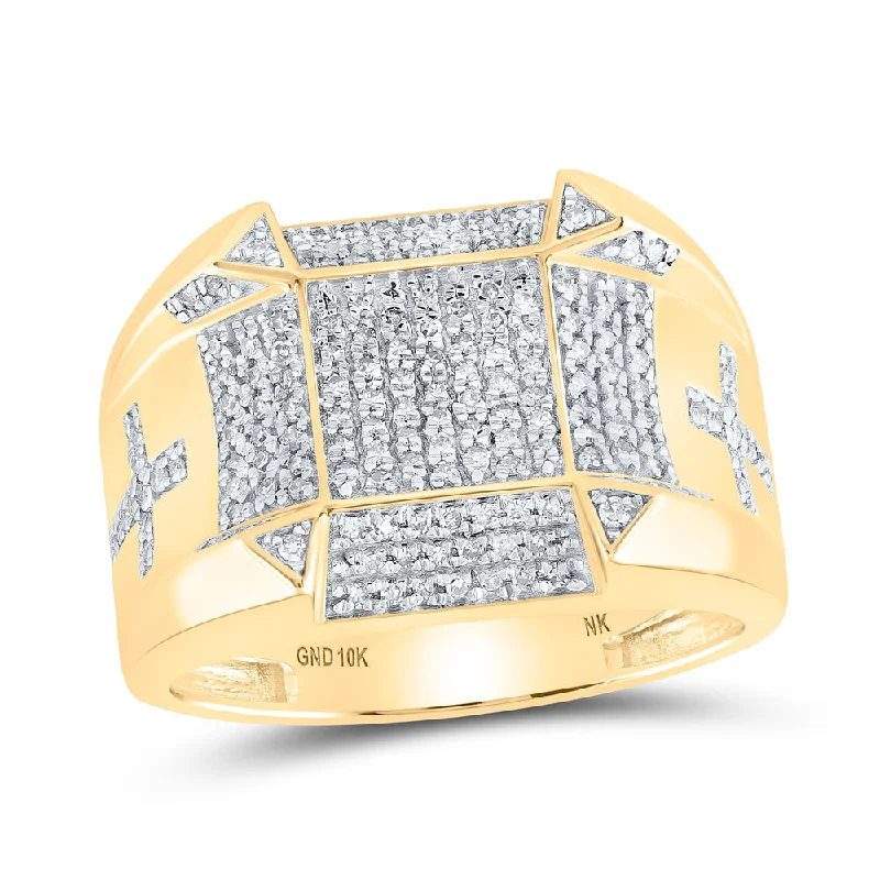 10kt Yellow Gold Mens Round Diamond Square Cross Ring 1/2 Cttw