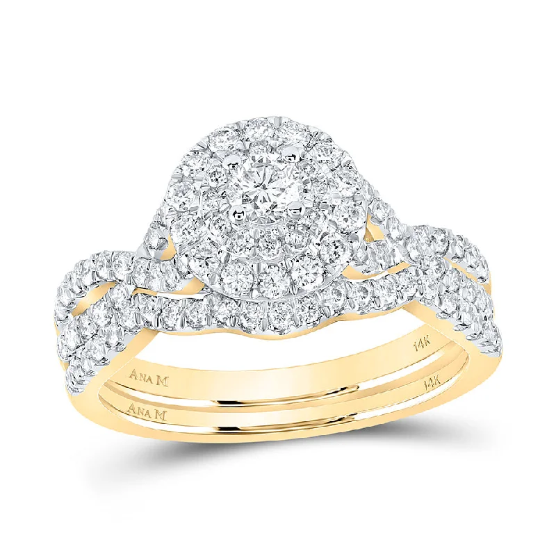 14kt Yellow Gold Round Diamond Halo Bridal Wedding Ring Band Set 1 Cttw