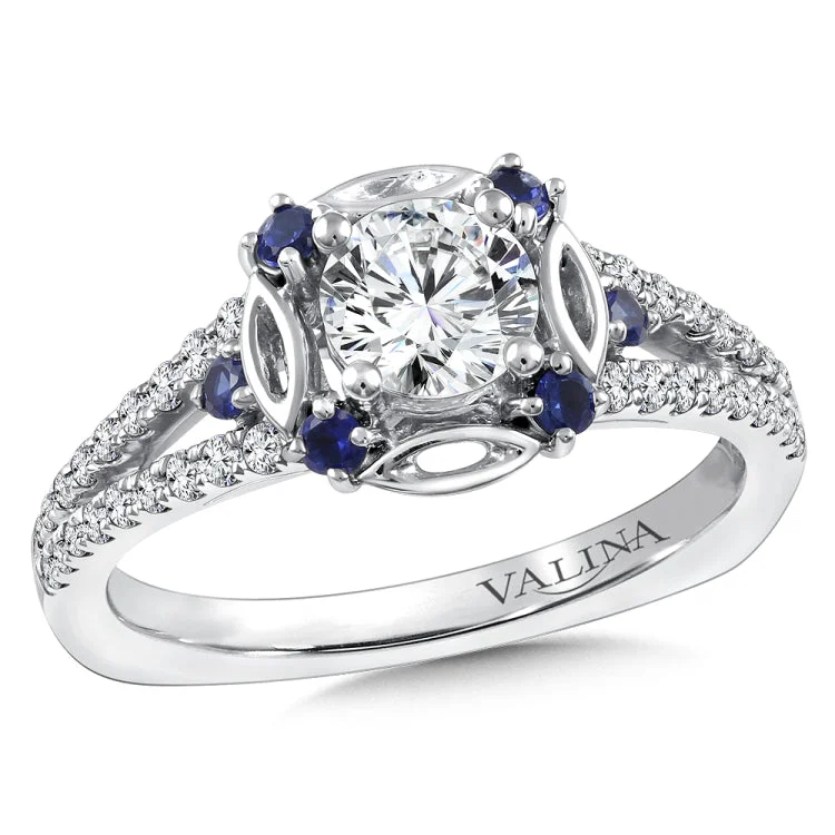 Diamond and Blue Sapphire Halo Engagement Ring