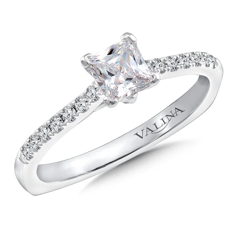 Diamond engagement ring mounting with side stones set in 14k white gold.