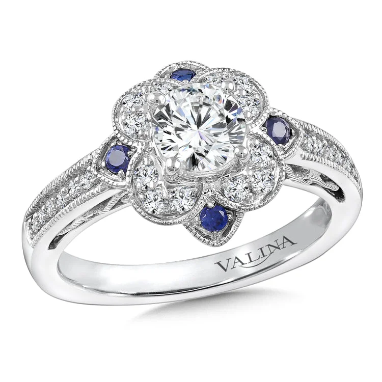 Floral Diamond and Blue Sapphire Halo Engagement Ring