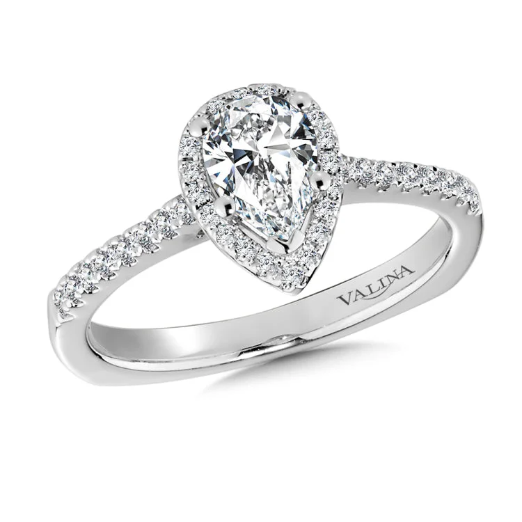 A diamond halo mount set in 14k white gold.