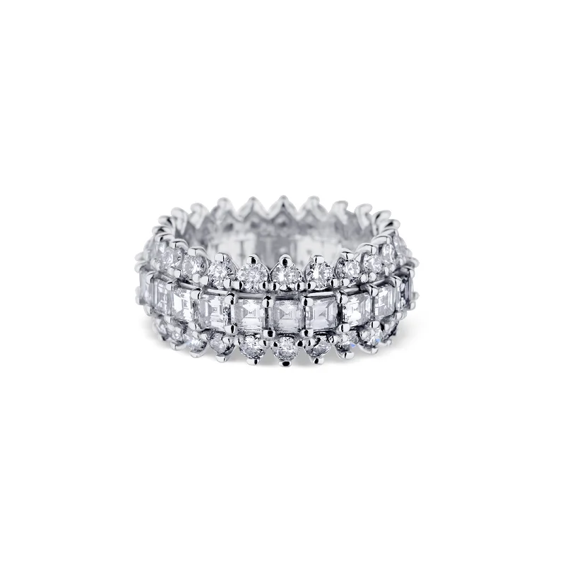 14K White Gold 3 Row Round And Step Cut Diamond Eternity Band