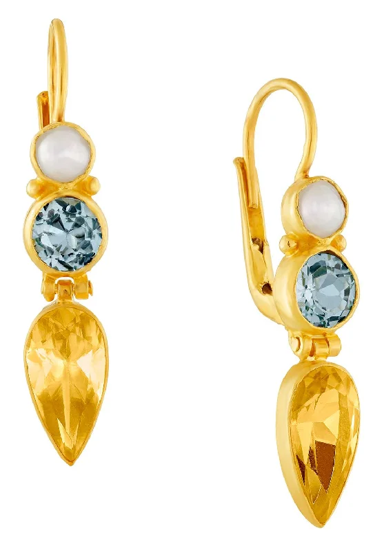 Ellen Terry Citrine, Blue Topaz and Pearl Earrings