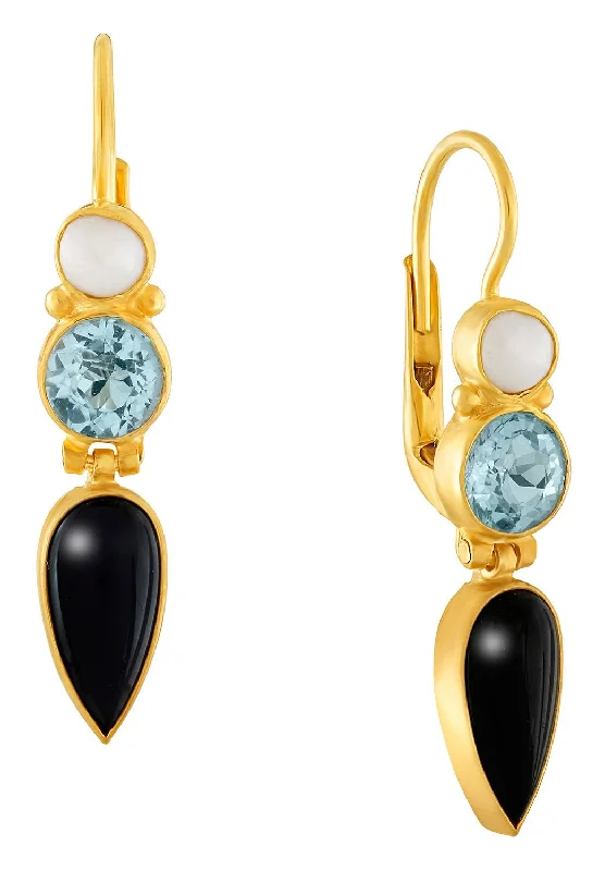 Ellen Terry Onyx, Blue Topaz and Pearl Earrings