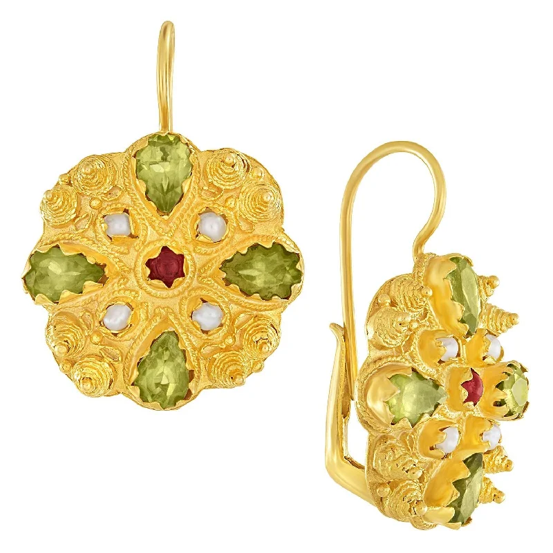 Fanny Burney Peridot, Garnet and Pearls Earrings