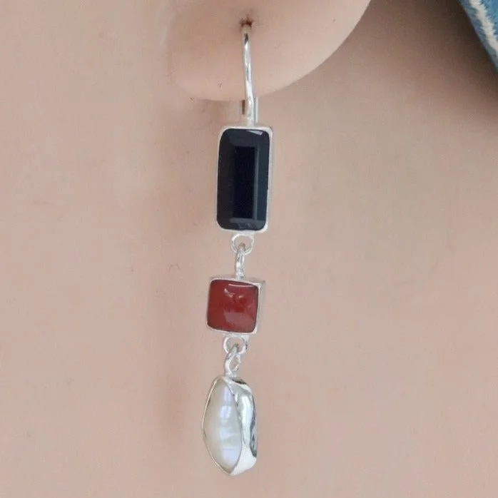 Operetta Silver Onyx, Garnet and Pearl Earrings