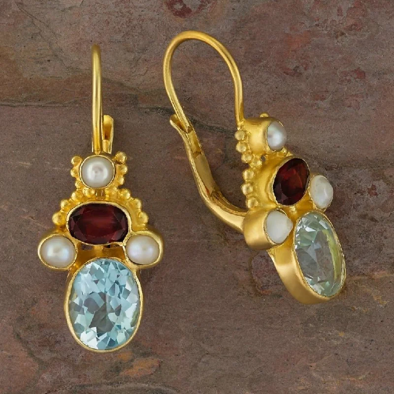 Polly Peachum Blue Topaz, Garnet and Pearl Earrings