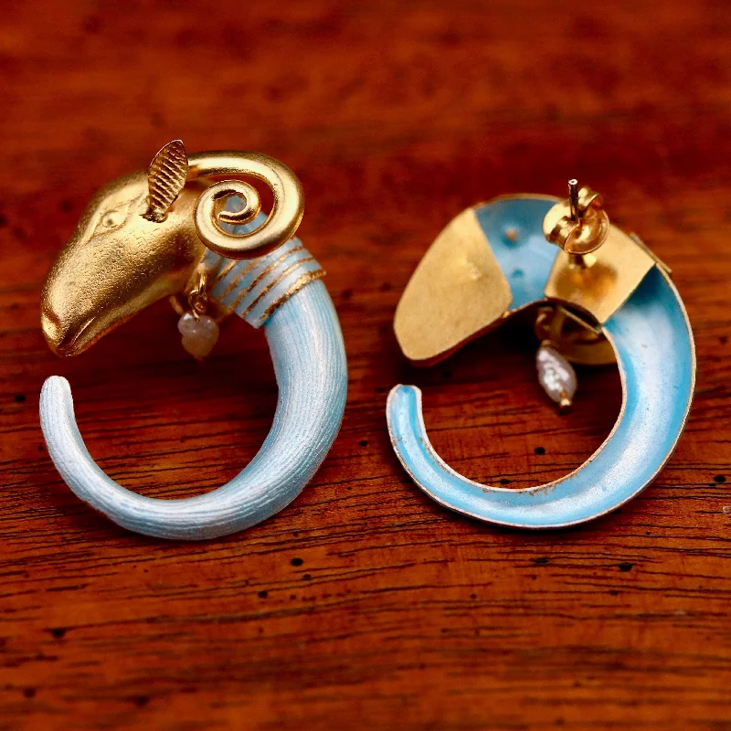 Vintage Laurel Burch Assyrian Ram's Head Sky Blue Earrings