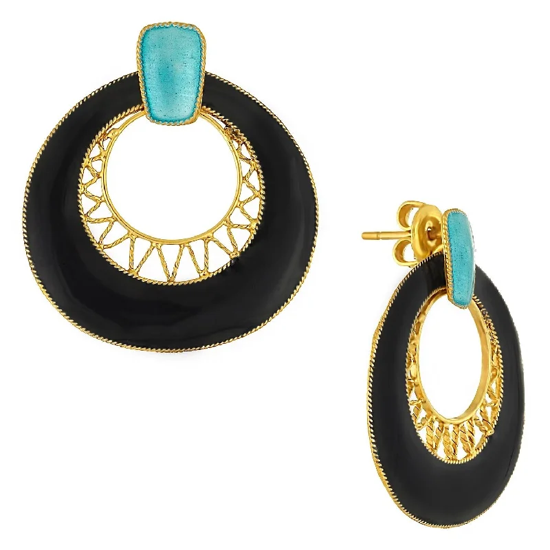 Vintage Laurel Inc Deco Crescent Black and Teal Gold-Vermeil Earrings