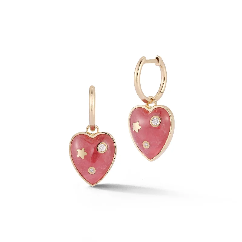 14K Gold & Rhodochrosite Anne Diamond Heart Huggie Earrings