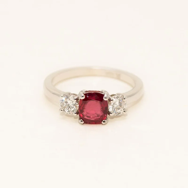 Cushion Cut Unheated Ruby Ring in 18kt White Gold with Diamonds(5/8ct tw)