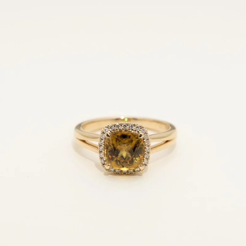 Cushion Sphene Halo Ring in 14kt Yellow Gold with Diamonds( 1/7ct tw)