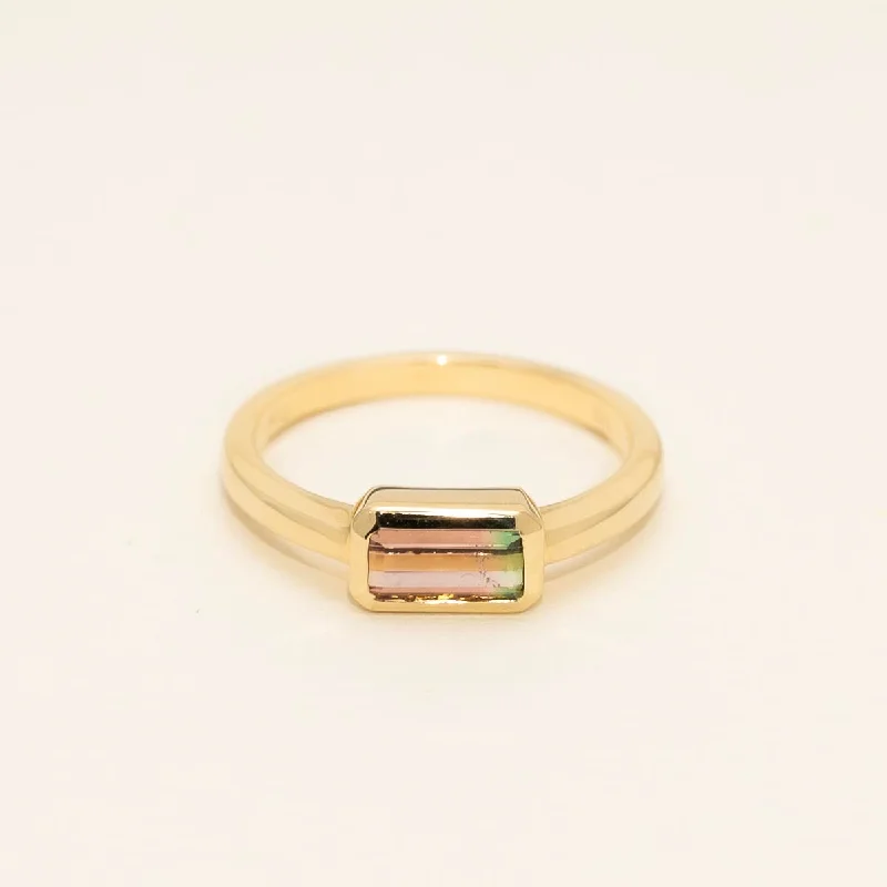 Parlé Emerald Cut Bicolor Tourmaline Bezel Ring in 14kt Yellow Gold