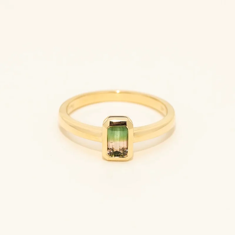 Parlé Emerald Cut Bicolor Tourmaline Bezel Ring in 14kt Yellow Gold