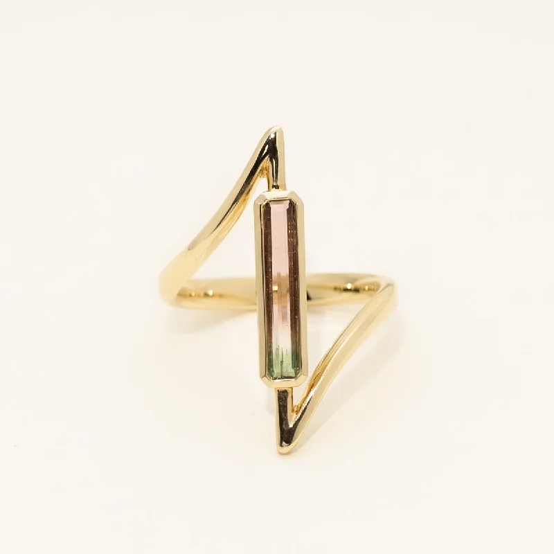 Parlé Emerald Cut Bicolor Tourmaline Bezel Ring in 14kt Yellow Gold