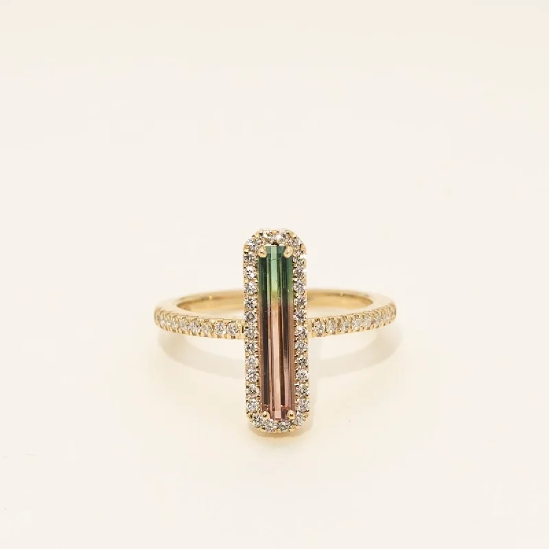 Parlé Emerald Cut Bicolor Tourmaline Bezel Ring in 14kt Yellow Gold with Diamonds (1/4ct tw)