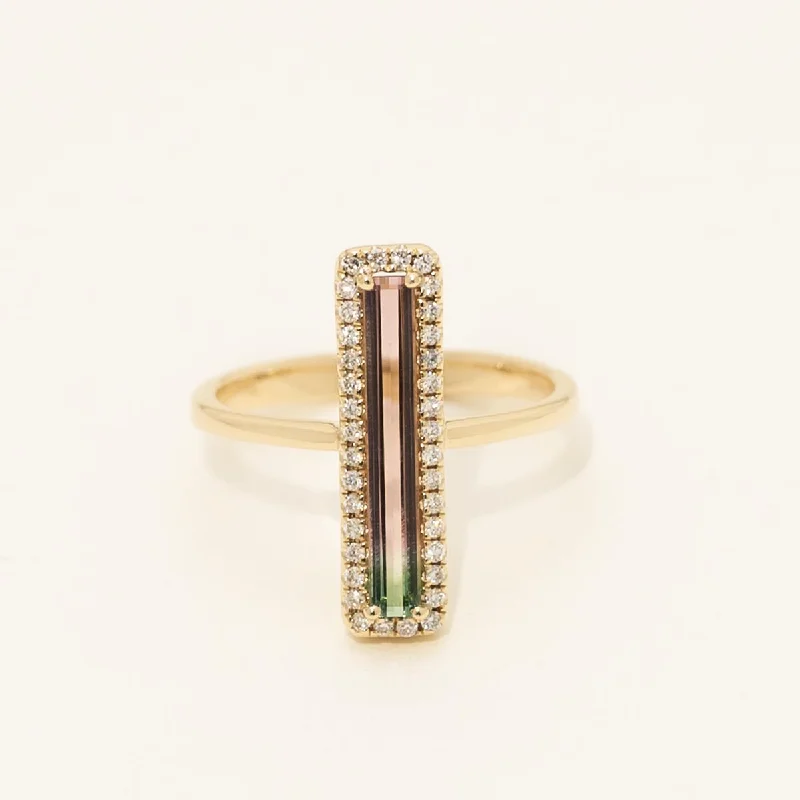 Parlé Emerald Cut Bicolor Tourmaline Bezel Ring in 14kt Yellow Gold with Diamonds (1/5ct tw)