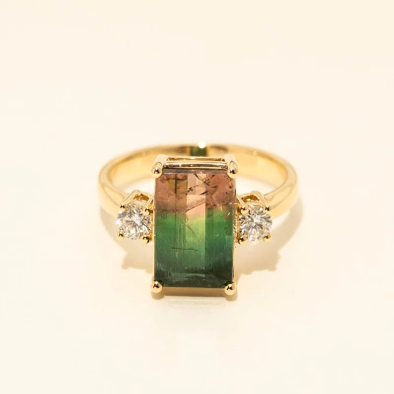 Emerald Cut Bicolor Tourmaline Ring in 14kt Yellow Gold with Diamonds (1/3ct tw)