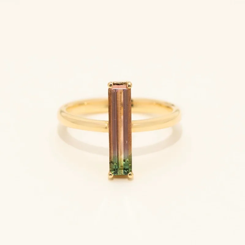 Parlé Emerald Cut Bicolor Tourmaline Ring in 14kt Yellow Gold