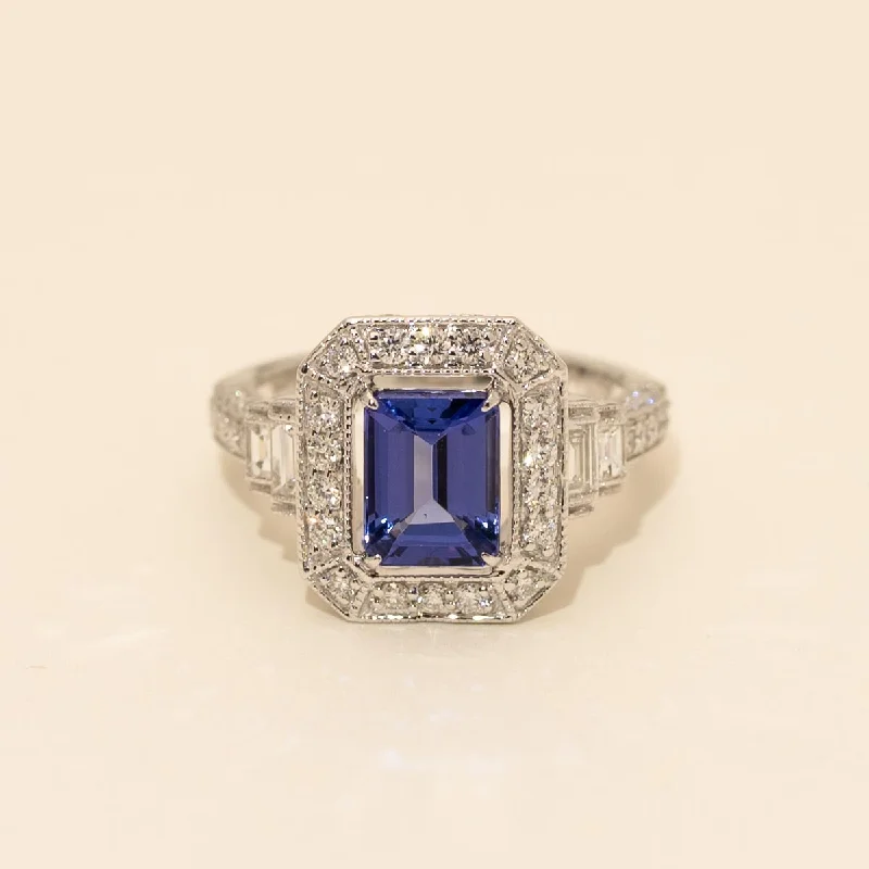 Emerald Cut Tanzanite Ring in 14kt White Gold with Diamonds (1ct tw)