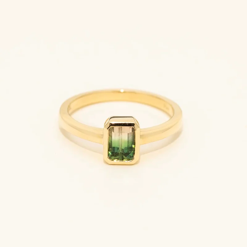 Parlé Emerald Cut Tourmaline Bezel Ring in 14kt Yellow Gold