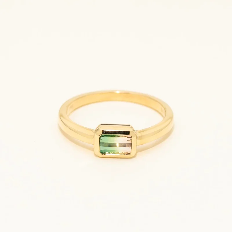 Parlé Emerald Cut Tourmaline Bezel Ring in 14kt Yellow Gold