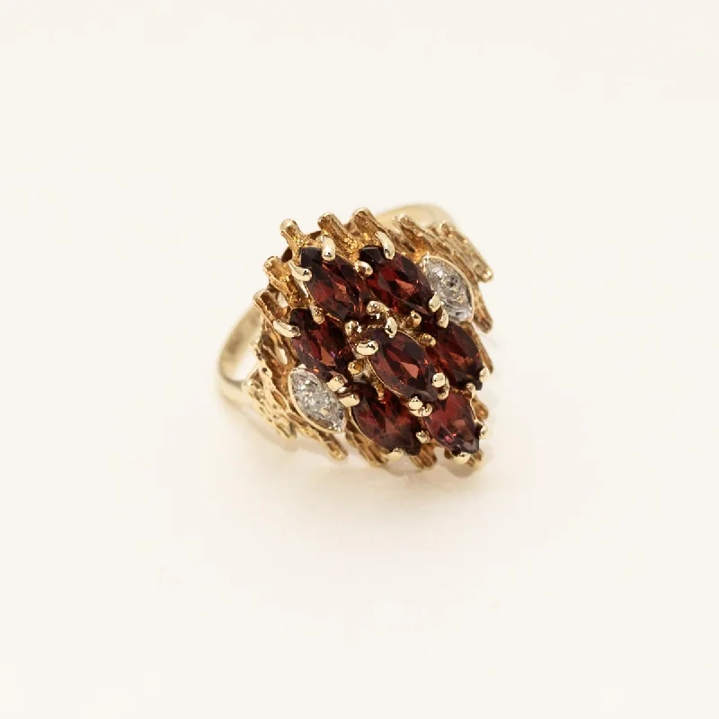 Estate Marquise Garnet Ring in 10kt Yellow Gold with Diamonds