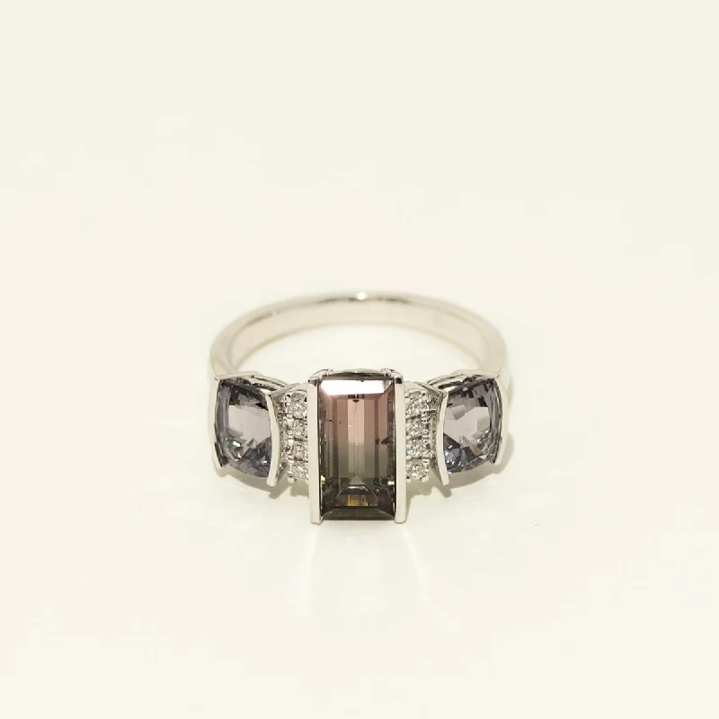 Maine Bicolor Tourmaline and Gray Spinel Ring in 14kt White Gold with Diamonds (1/10ct tw)