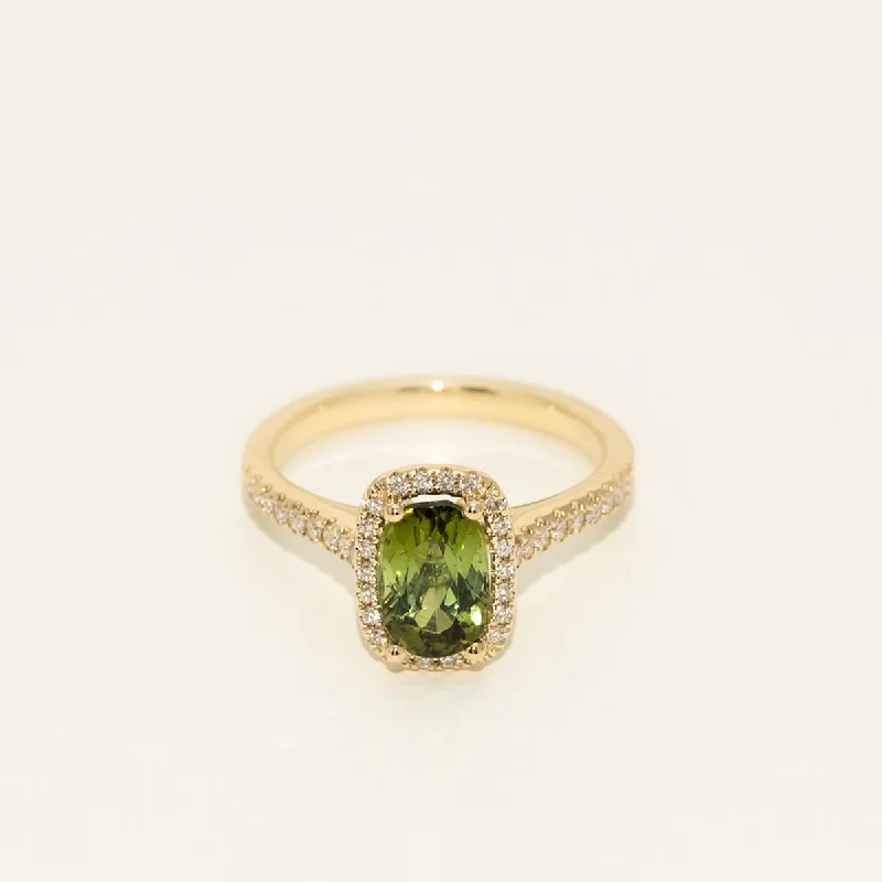 Maine Cushion Green Tourmaline Ring In 14kt Yellow Gold with Diamonds (1/4cttw)