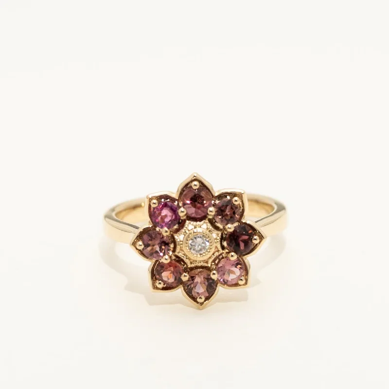 Maine Pink Tourmaline Flower Ring in 14kt Yellow Gold with Diamonds (1/20cttw)