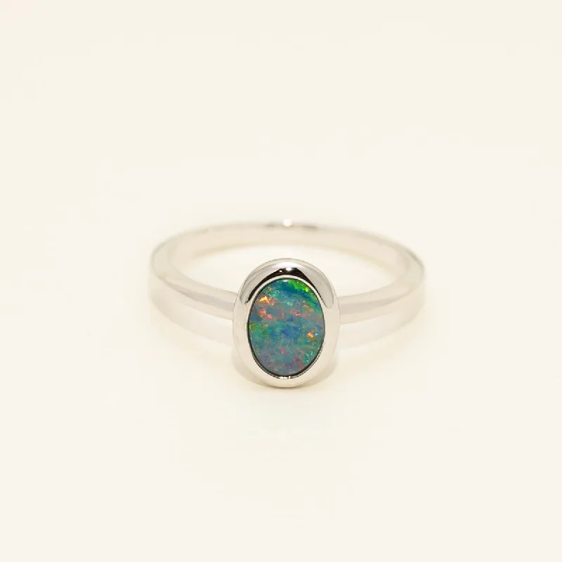 Parlé Oval Australian Opal Doublet Ring in 14kt White Gold