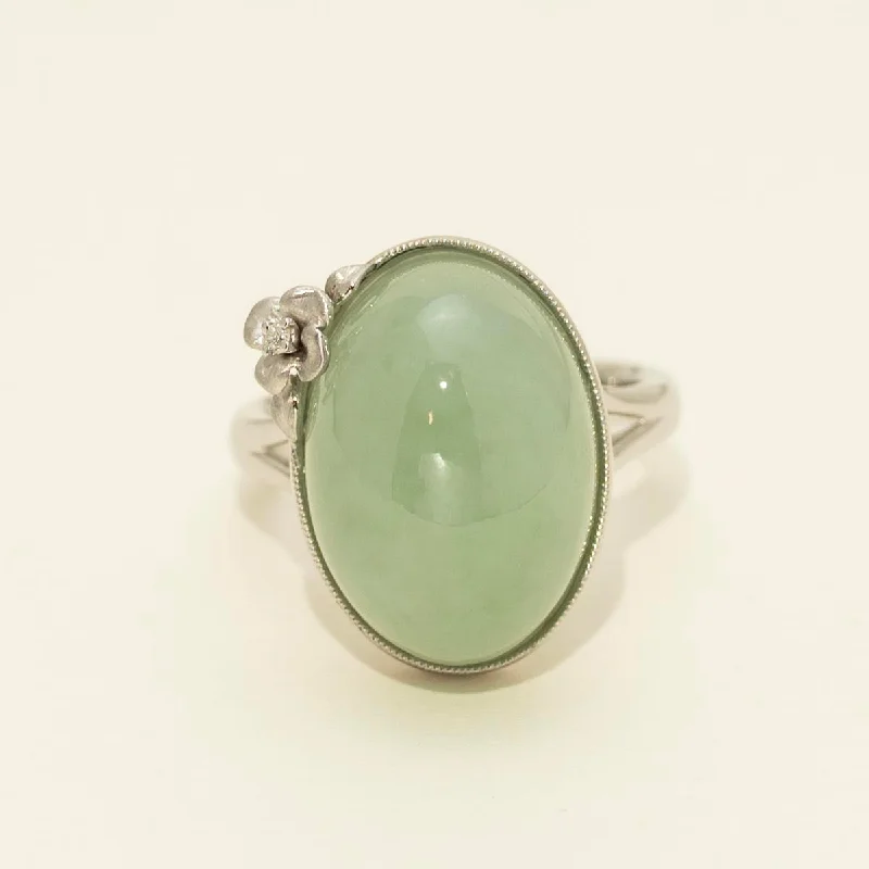 Oval Jade Ring in 14kt White Gold with Diamond