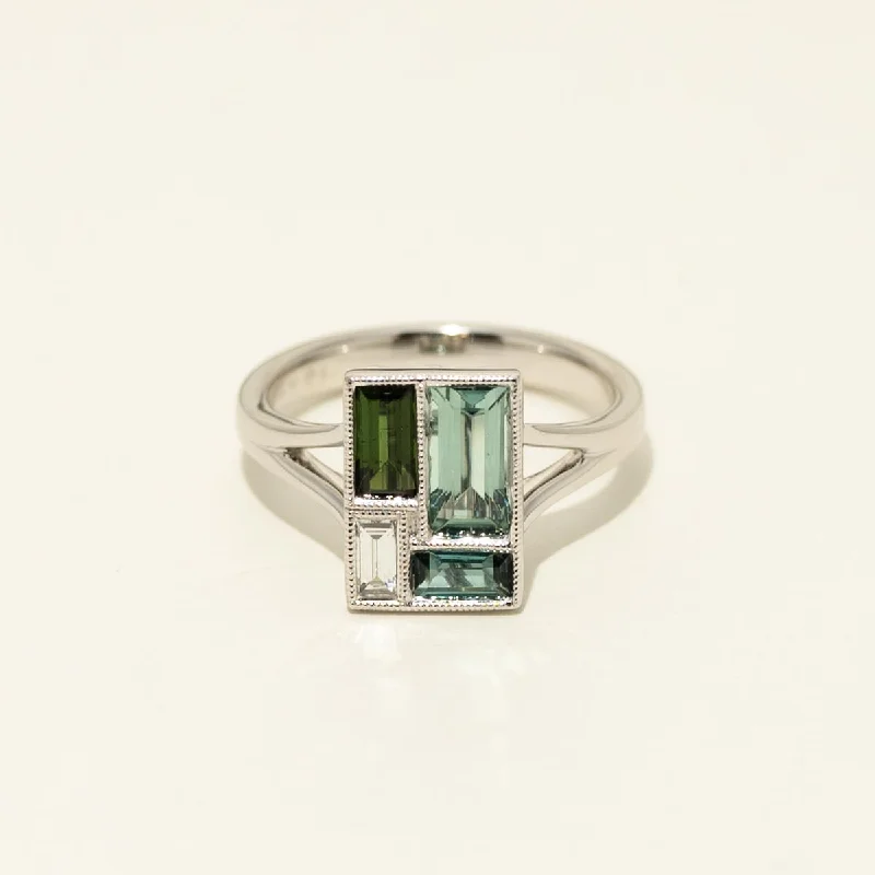 Stained Glass Maine Indicolite and Green Tourmaline Ring in 14kt White Gold with Diamond (1/10cttw )