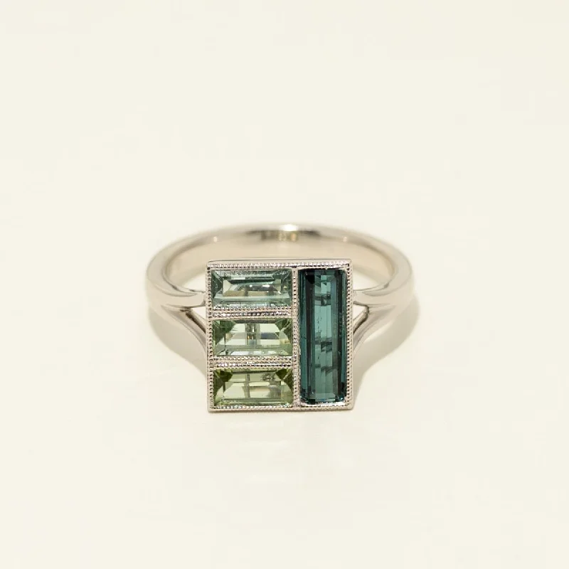 Stained Glass Maine Indicolite and Green Tourmaline Ring in 14kt White Gold