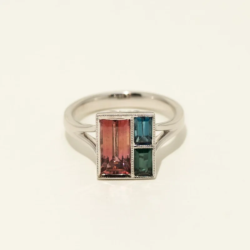 Stained Glass Maine Pink and Indicolite Tourmaline Ring in 14kt White Gold