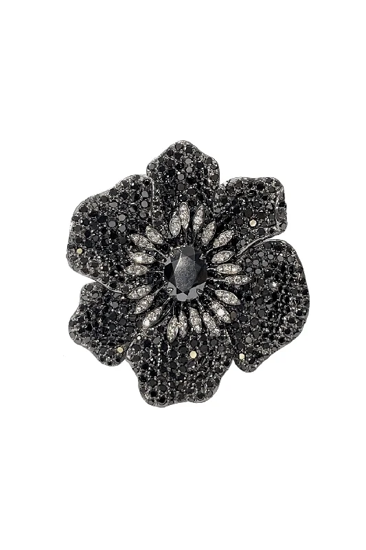 Black Diamond Hematite Flower Ring