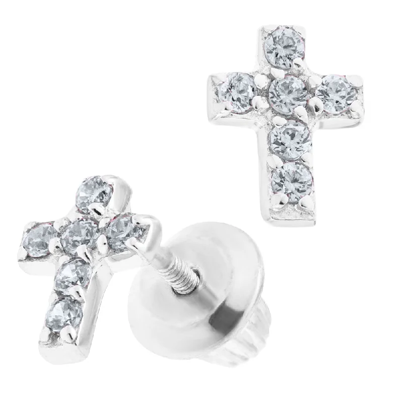 Children's Silver CZ Cross Earrings