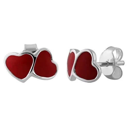 Sterling Silver Red Enamel Double Heart Earrings