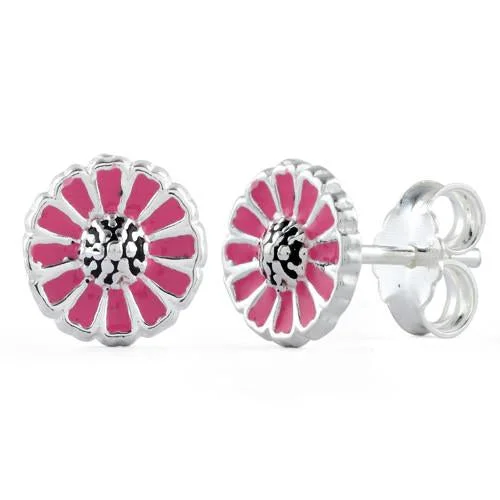 Sterling Silver Pink Flower Enamel Earrings