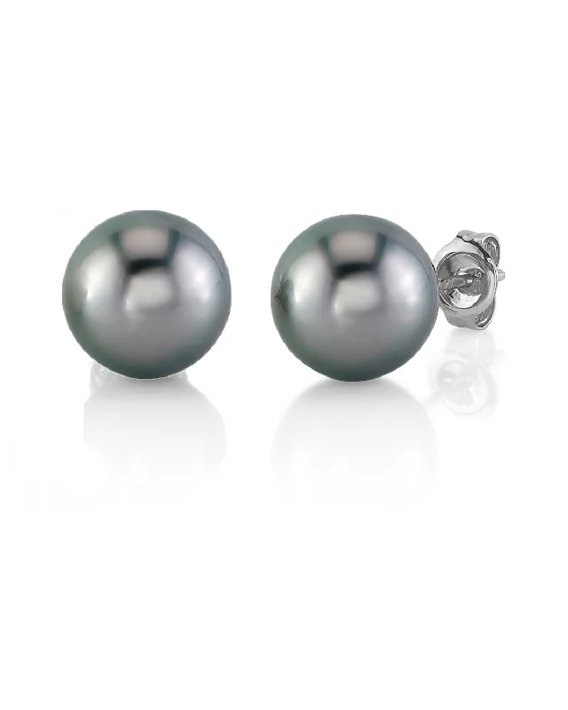 Tahitian Pearl Stud Earrings, AAAA Quality - Silver Overtone