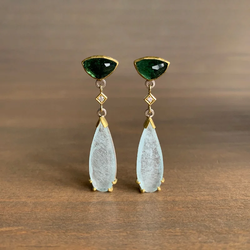 Tourmaline, Aquamarine, & Diamond Cube Earrings