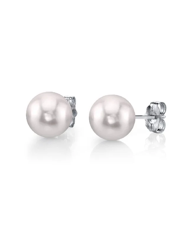 White Japanese Akoya Round Pearl Stud Earrings, 7.0-7.5mm