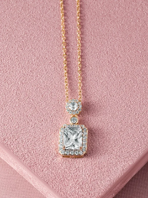 18K Gold Plated Radiant Cut CZ Pendant Necklace - Statement Piece with Sparkling Accents